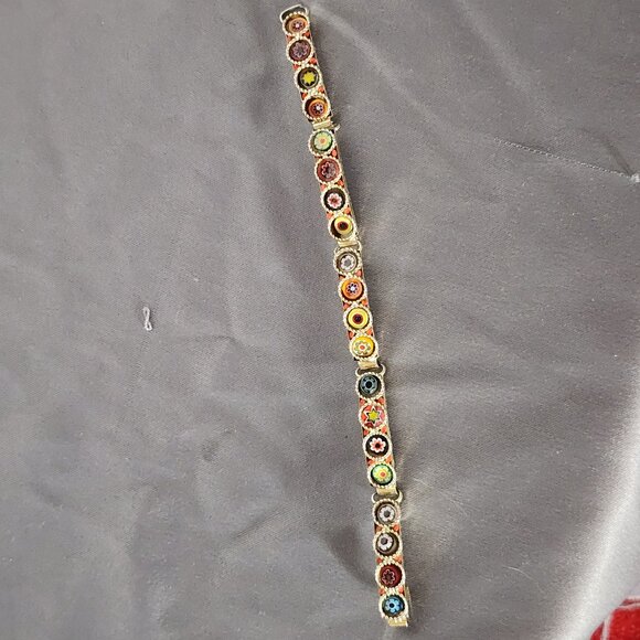 Unsigned Vintage Gold Tone Italian Micro Mosaic Five Link Hinged Floral Bracelet - Picture 1 of 16